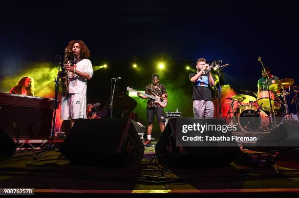 Joe Armon Jones, James Mollison,TJ Koleoso, Dylan Jones and Femi Koleoso of Ezra Collective perform on the Arena Stage on day 2 of Love Supreme...