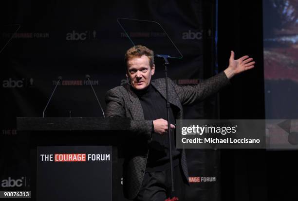 High wire artist Philippe Petit addresses the audience during the 2010 Courage Forum with Sir Richard Branson & Philippe Petit presented by The...