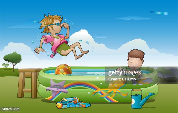 stockillustraties, clipart, cartoons en iconen met zomerkamp - poolparty