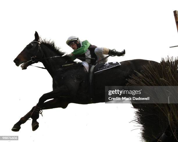 Jockey Gavin Bedggood riding Tainui Tenia slips from his stirrup and falls in the Flying Horse Bar And Brewery Grand Annual Steeplechase during day...