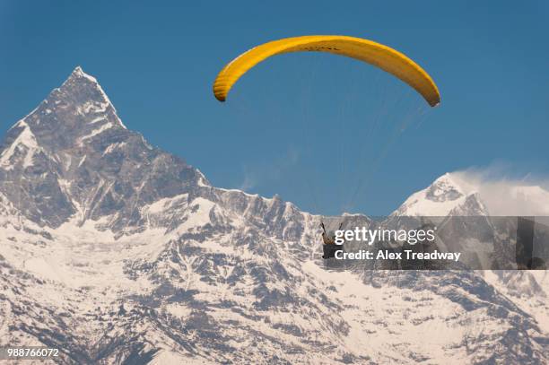 a paraglider carves a turn with views of machapuchare (fishtail mountain) in the distance, nepal, himalayas, asia - machapuchare stock-fotos und bilder