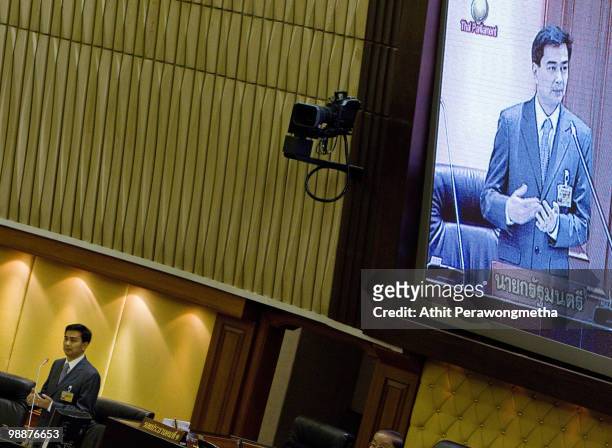 Thai Prime Minister Abhisit Vejjajiva speaks during a parliamentary session at Parliament on May 6, 2010 in Bangkok, Thailand. Prime Minister Abhisit...