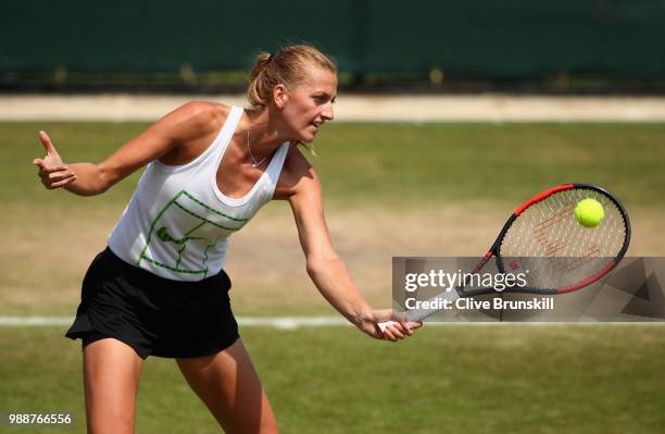 Petra Kvitova of the Czech Republic in action during a practice session prior to the Wimbledon Lawn Tennis Championships at the All England Lawn...