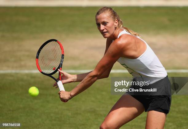 Petra Kvitova of the Czech Republic in action during a practice session prior to the Wimbledon Lawn Tennis Championships at the All England Lawn...