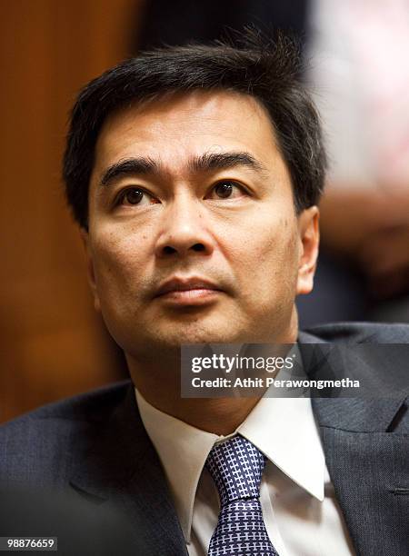 Thai Prime Minister Abhisit Vejjajiva meets with members of his Democrat party at Parliament on May 6, 2010 in Bangkok, Thailand. Prime Minister...