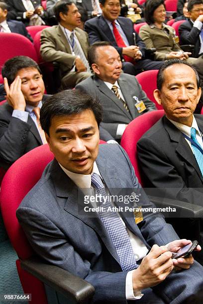 Thai Prime Minister Abhisit Vejjajiva meets with members of his Democrat party at Parliament on May 6, 2010 in Bangkok, Thailand. Prime Minister...