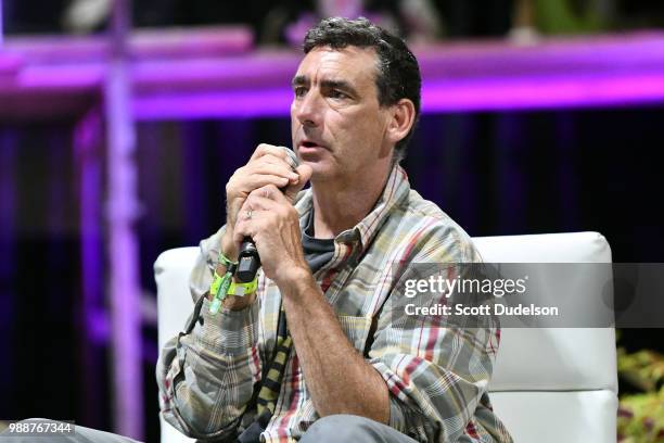 Professional skateboarder Lance Mountain speaks on a panel during the Agenda Festival on June 30, 2018 in Long Beach, California.