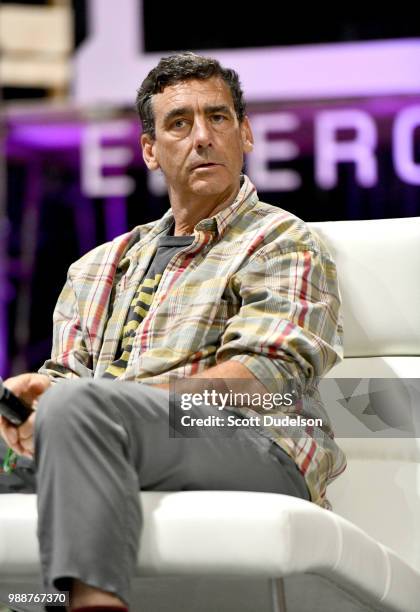 Professional skateboarder Lance Mountain speaks on a panel during the Agenda Festival on June 30, 2018 in Long Beach, California.