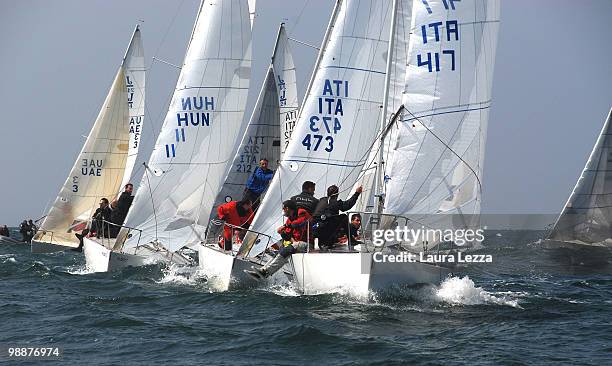 The cadets of military academies on their J 24 boats during sailing regatta of the Naval Academy Trophy on May 1, 2010 in Livorno, Italy. The 27th...