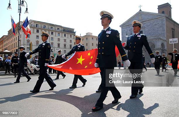 Representatives of Delegation of the Chinese navy in the parade through the city during the Naval Academy Trophy on April 28, 2010 in Livorno, Italy....