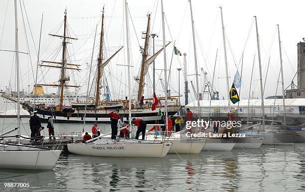 The cadets of military academies arming their boats J 24 before the race during the Naval Academy Trophy on May 2, 2010 in Livorno, Italy. The 27th...