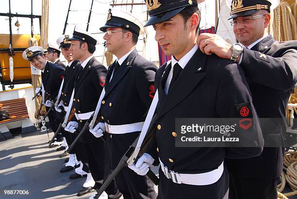 Italian Navy cadets on board the Italian Navy Training Ship Palinuro during the Naval Academy Trophy on April 30, 2010 in Livorno, Italy. The 27th...