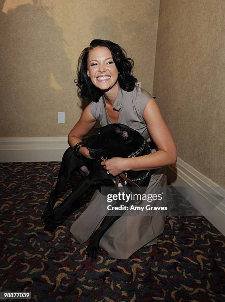 Actress Katherine Heigl and her dog Apollo attend the Last Chance for Animals and The Jason Debus Heigl Foundation press conference to fight against...