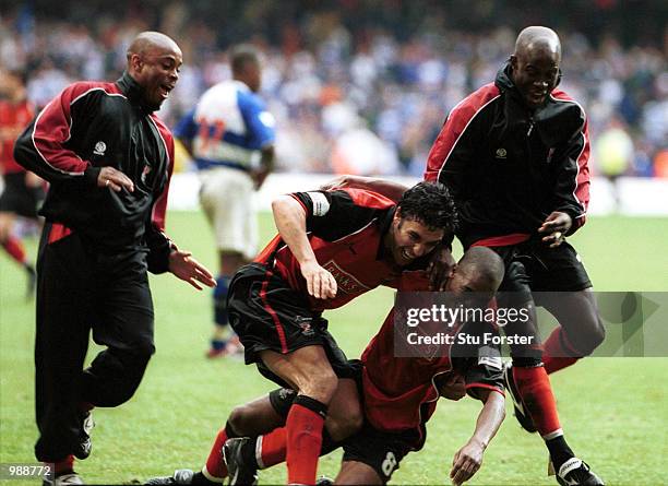 Walsall celebrate gaining promotion to the first division during the match between Reading and Walsall in the Nationwide Football League Division Two...