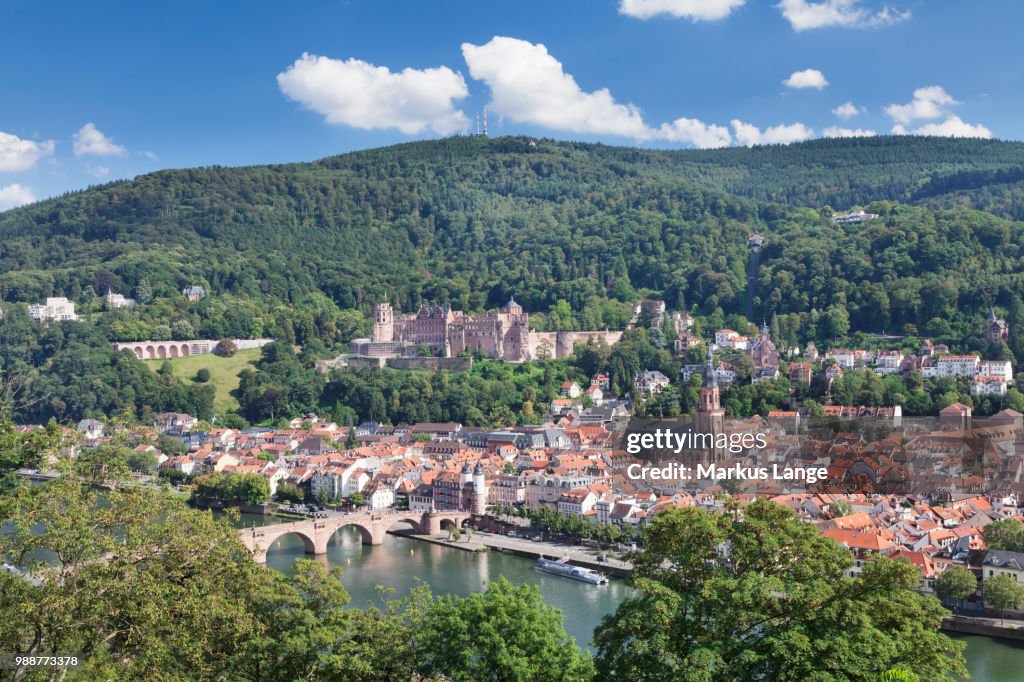 Old town with Karl-Theodor-Bridge (Old Bridge), Heilig Geist Church and Castle, Neckar River, Heidelberg, Baden-Wurttemberg, Germany, Europe