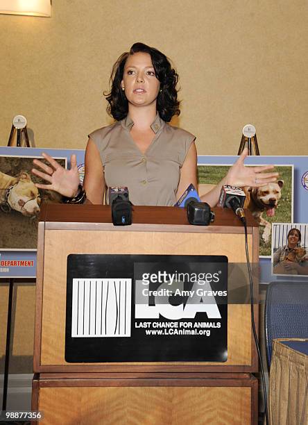 Actress Katherine Heigl addresses the audience at the Last Chance for Animals and The Jason Debus Heigl Foudation press conference to fight against...
