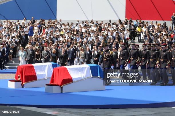 French Republican Guards arrive to carry the coffins of former French politician and Holocaust survivor Simone Veil and her husband Antoine Veil to...