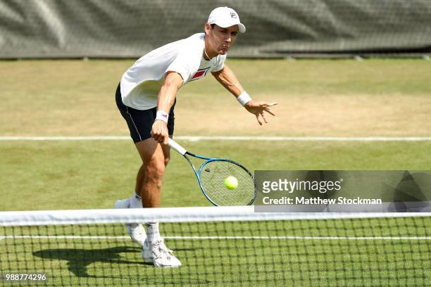 Matthew Ebden of Australia practices on court during training for the Wimbledon Lawn Tennis Championships at the All England Lawn Tennis and Croquet...