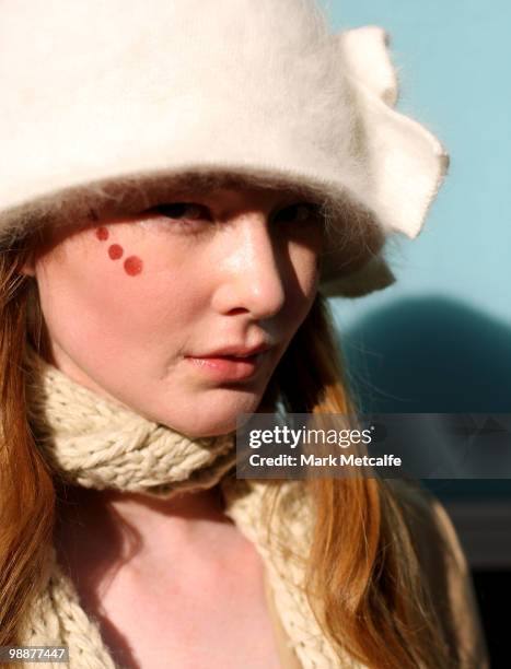 Model prepares backstage ahead of the Kooey collection show on the fourth day of Rosemount Australian Fashion Week Spring/Summer 2010/11 at the...