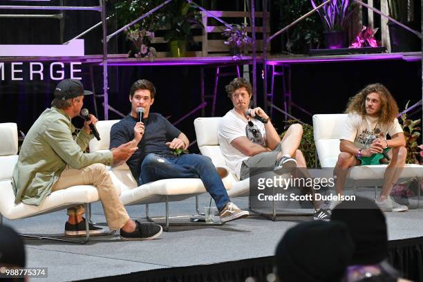 Actors Adam DeVine, Anders Holm and Blake Anderson of the TV show Workaholics speak on a panel during Agenda Festival on June 30, 2018 in Long Beach,...