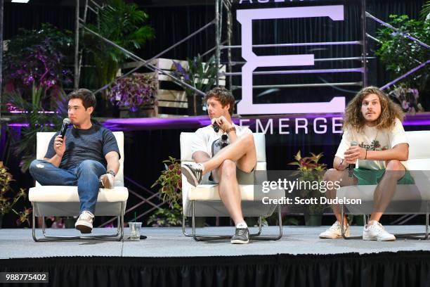 Actors Adam DeVine, Anders Holm and Blake Anderson of the TV show Workaholics speak on a panel during Agenda Festival on June 30, 2018 in Long Beach,...