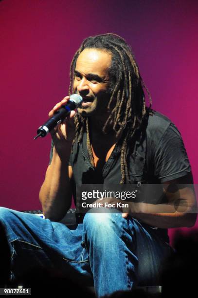 Singer/former tennis player Yannick Noah performs with the "Cochon Dans l'Espace" band during the Reservoir Bleu Concert hosted by Radio Bleue at...