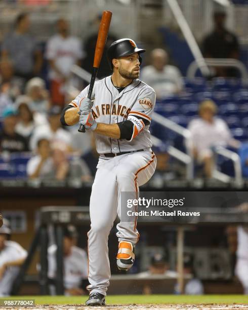 Mac Williamson of the San Francisco Giants in action against the Miami Marlins at Marlins Park on June 14, 2018 in Miami, Florida.