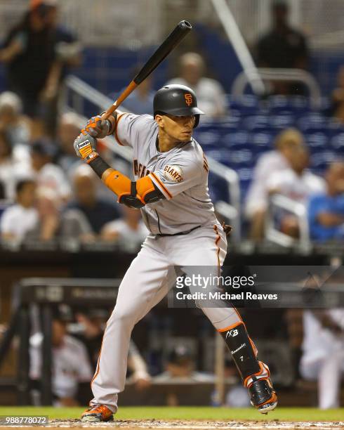 Gorkys Hernandez of the San Francisco Giants in action against the Miami Marlins at Marlins Park on June 14, 2018 in Miami, Florida.