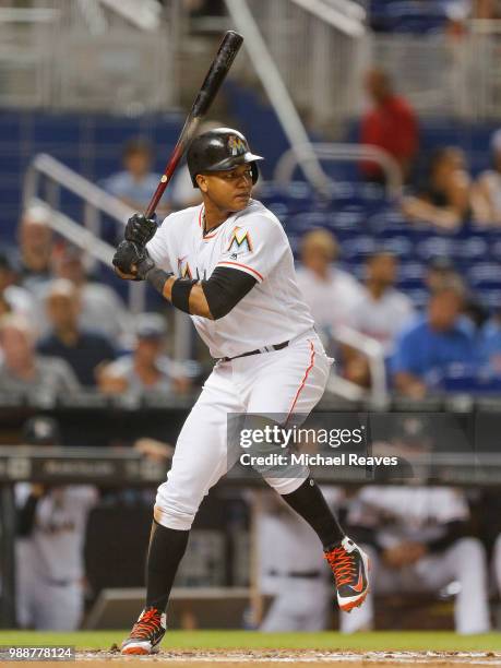 Starlin Castro of the Miami Marlins in action against the San Francisco Giants at Marlins Park on June 14, 2018 in Miami, Florida.