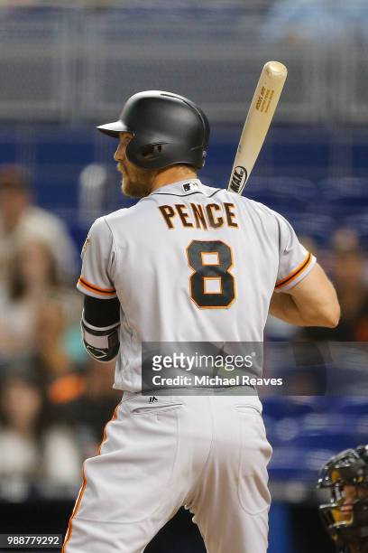 Hunter Pence of the San Francisco Giants in action against the Miami Marlins at Marlins Park on June 14, 2018 in Miami, Florida.