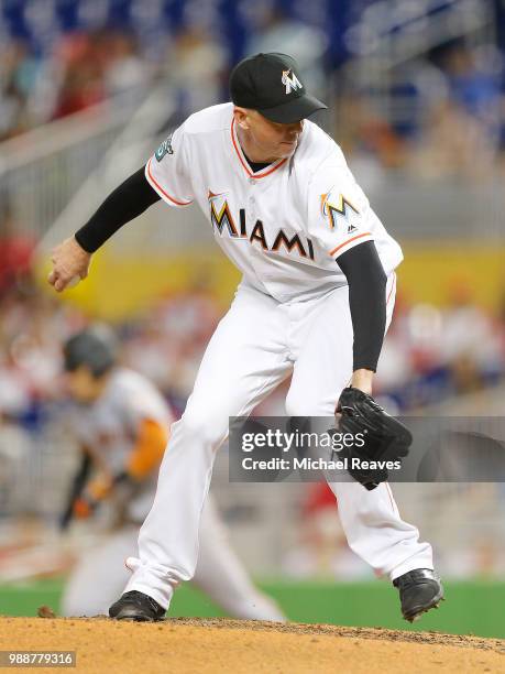 Brad Ziegler of the Miami Marlins in action against the San Francisco Giants at Marlins Park on June 14, 2018 in Miami, Florida.