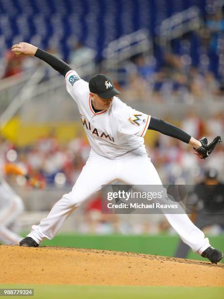 Brad Ziegler of the Miami Marlins in action against the San Francisco Giants at Marlins Park on June 14, 2018 in Miami, Florida.