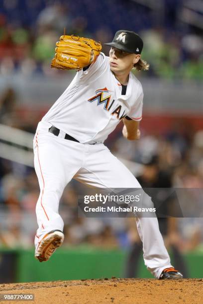 Adam Conley of the Miami Marlins in action against the San Francisco Giants at Marlins Park on June 14, 2018 in Miami, Florida.