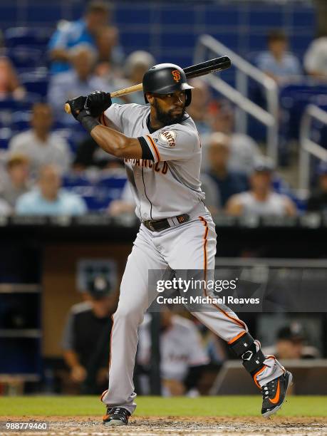 Austin Jackson of the San Francisco Giants in action against the Miami Marlins at Marlins Park on June 14, 2018 in Miami, Florida.