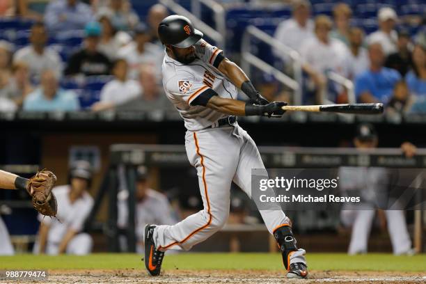 Austin Jackson of the San Francisco Giants in action against the Miami Marlins at Marlins Park on June 14, 2018 in Miami, Florida.