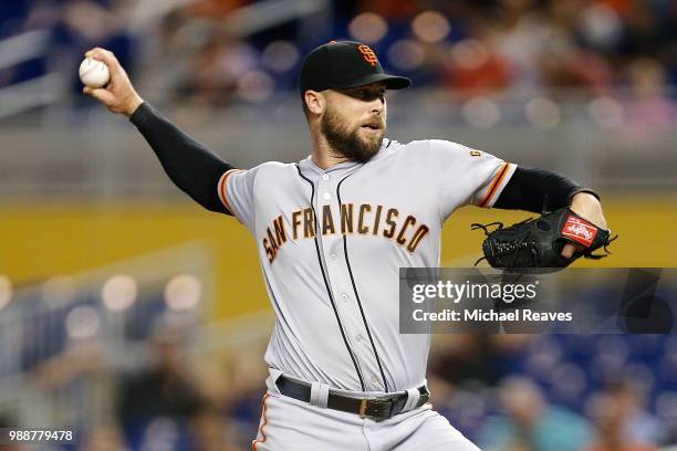 Hunter Strickland of the San Francisco Giants in action against the Miami Marlins at Marlins Park on June 14, 2018 in Miami, Florida.