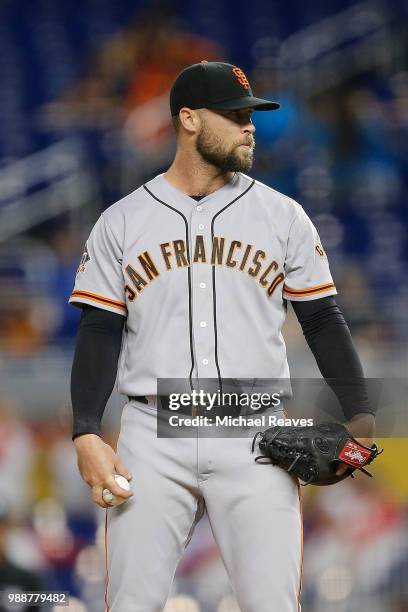 Hunter Strickland of the San Francisco Giants in action against the Miami Marlins at Marlins Park on June 14, 2018 in Miami, Florida.