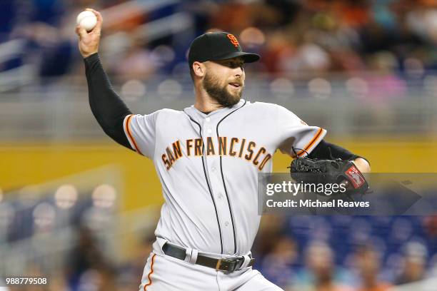 Hunter Strickland of the San Francisco Giants in action against the Miami Marlins at Marlins Park on June 14, 2018 in Miami, Florida.