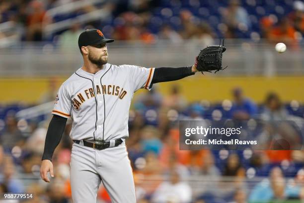 Hunter Strickland of the San Francisco Giants in action against the Miami Marlins at Marlins Park on June 14, 2018 in Miami, Florida.