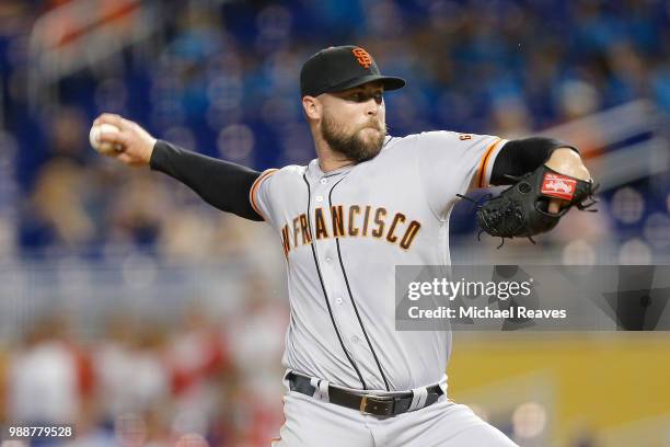 Hunter Strickland of the San Francisco Giants in action against the Miami Marlins at Marlins Park on June 14, 2018 in Miami, Florida.