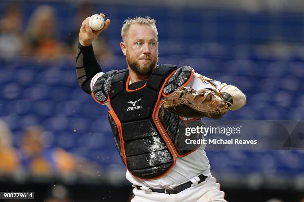 Bryan Holaday of the Miami Marlins in action against the San Francisco Giants at Marlins Park on June 14, 2018 in Miami, Florida.