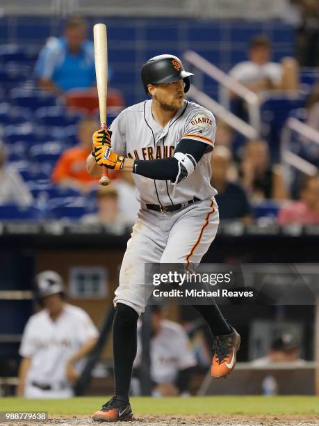 Hunter Pence of the San Francisco Giants in action against the Miami Marlins at Marlins Park on June 14, 2018 in Miami, Florida.