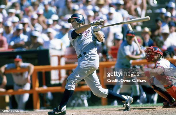 Carlton Fisk of the Chicago White Sox bats against the California Angels at the Big A circa 1987 in Anaheim,California.