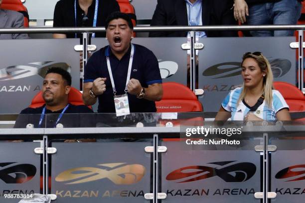 Ronaldo, Diego Maradona and Rocio Oliva during the 2018 FIFA World Cup Russia Round of 16 match between France and Argentina at Kazan Arena on June...