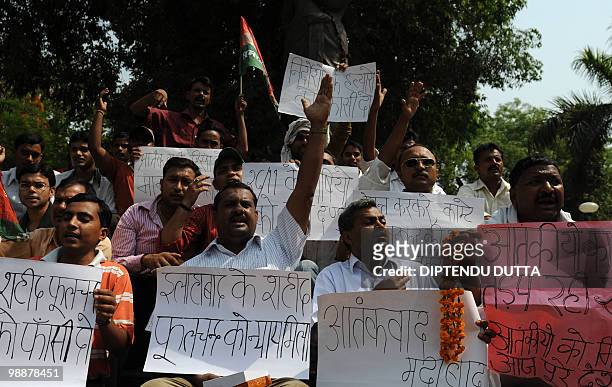 Samajwadi party supporters chant slogans during a rally in Allahabad on May 6, 2010 celebrating the sentencing of Mohammed Ajmal Amir Kasab. The lone...