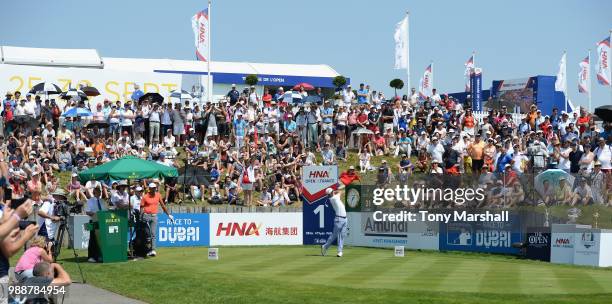 Justin Thomas of the United States plays his first shot on the 1st tee during final round of the HNA Open de France at Le Golf National on July 1,...