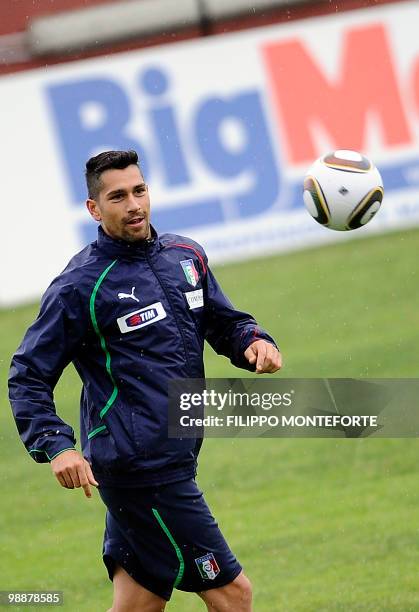 Italy's forward Marco Borriello plays the ball during a training session of the italian national team on the outskirts of Rome on May 5, 2010. Italy...