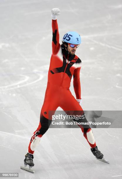 Gold medalist Charles Hamelin of Canada celebrates in the Men's 500m Short Track Speed Skating Final on day 15 of the 2010 Vancouver Winter Olympics...