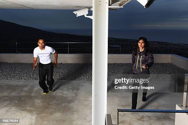 Lewis Hamilton wears his new ZigTech trainers with co star Gemma Chan to kick off Episode 2 of his new alternate reality game from Reebok on May 05,...