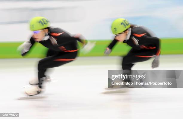 Motion blur action during the Short Track Speed Skating on day 2 of the Vancouver 2010 Winter Olympics at Pacific Coliseum on February 13, 2010 in...